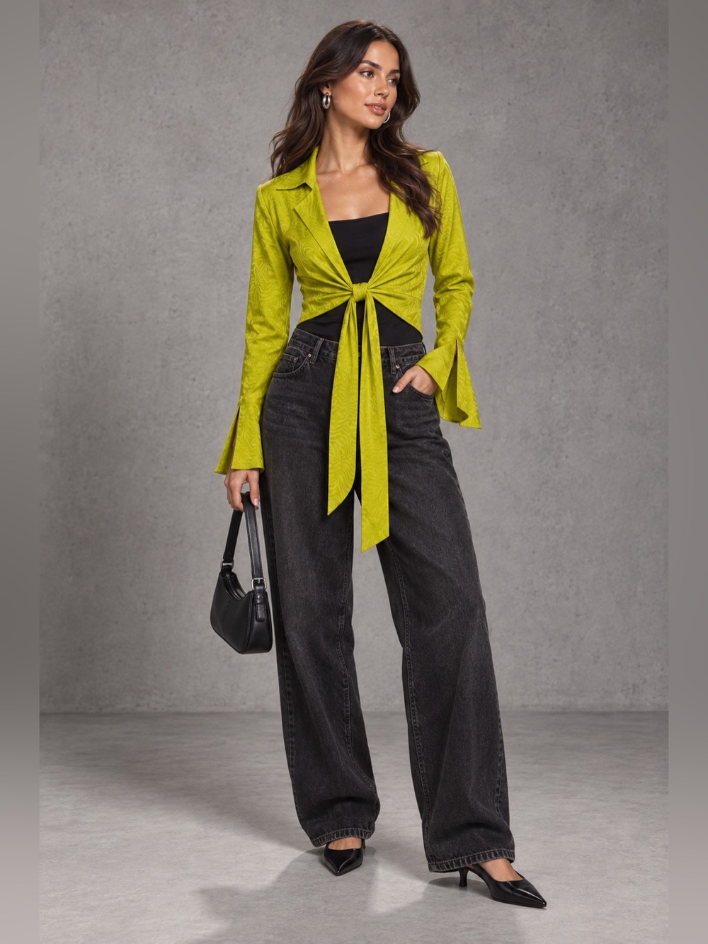 MESHKI Lime Green Jacquard Tie-Front Bell-Sleeve Crop Blouse XS NWT